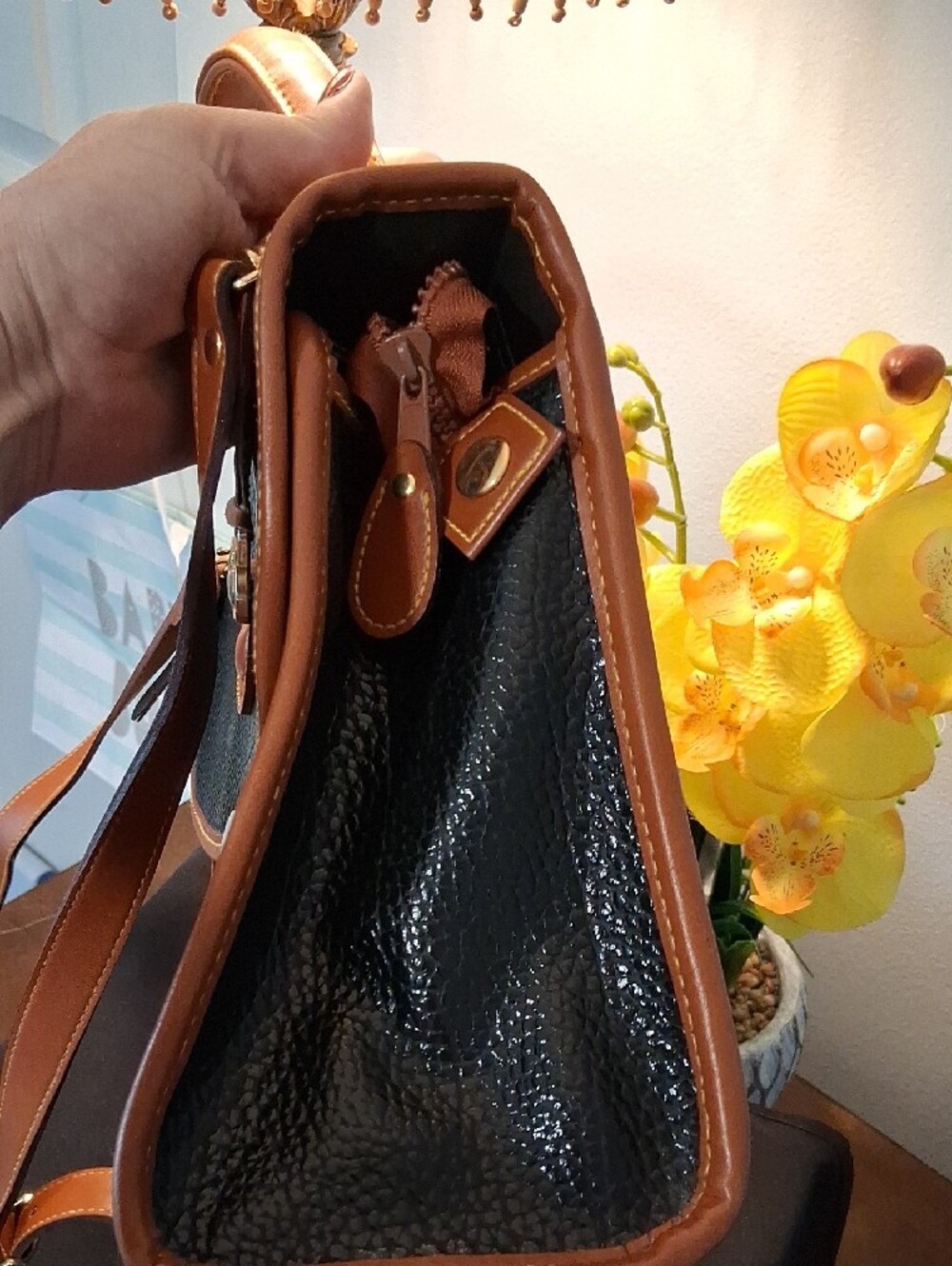 Dooney & Bourke Black Pebbled Leather Satchel with Brown Trim - Picture 4 of 14